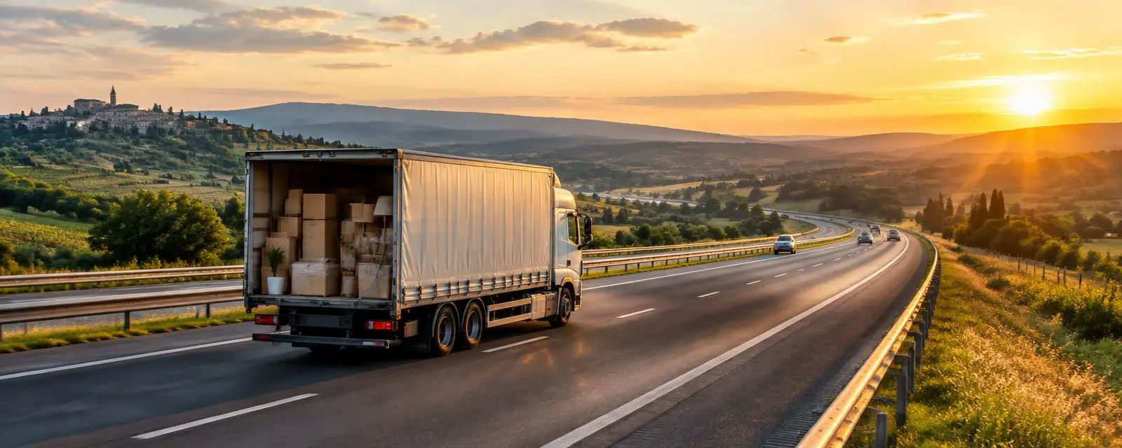 Removal lorry travelling through European countryside