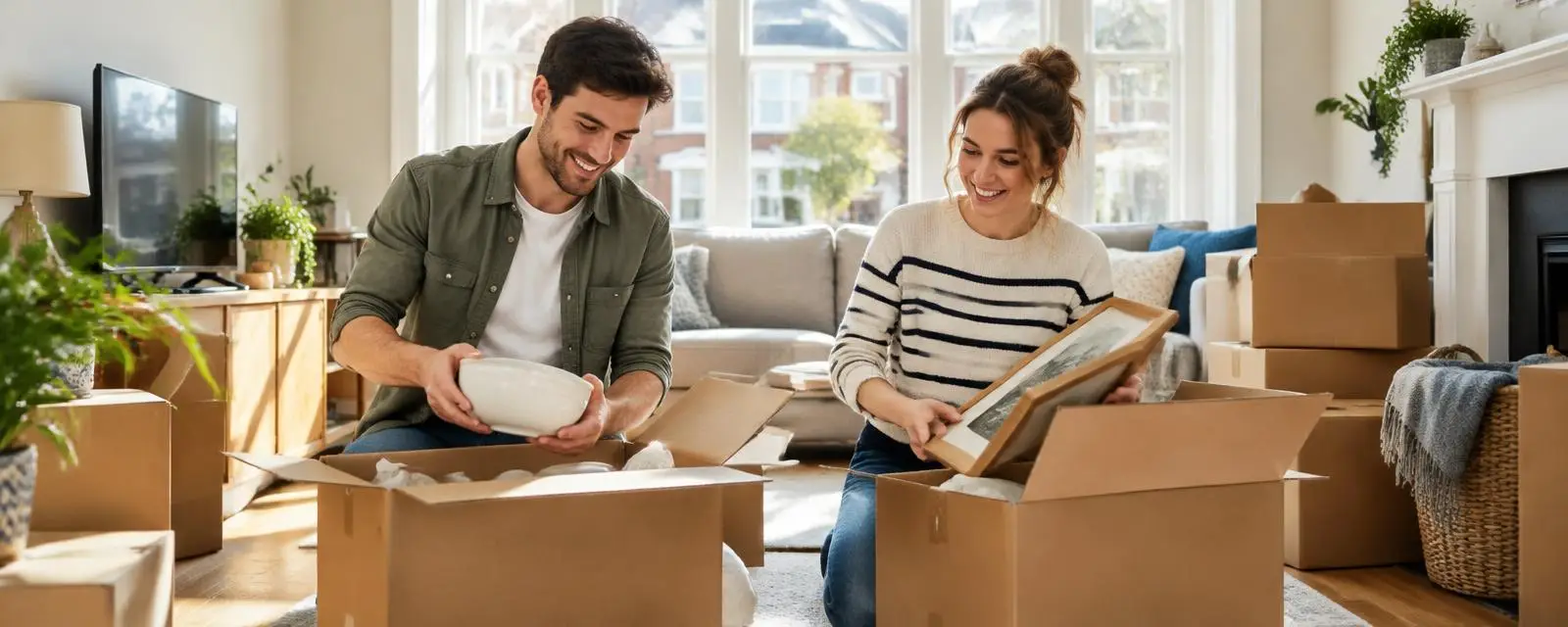 Couple unpacking boxes in their new home