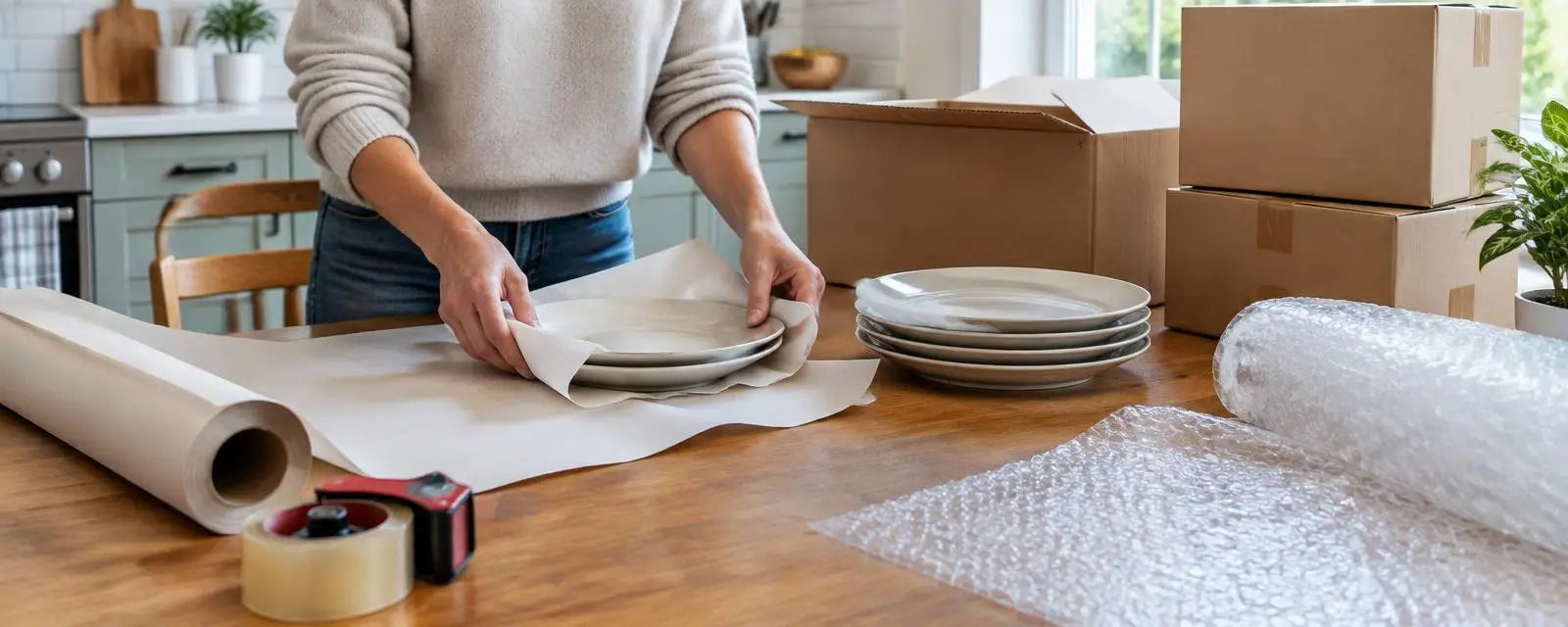 Wrapping plates in packing paper beside moving boxes