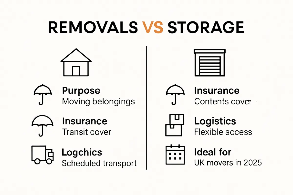 Removals vs storage: UK moving differences infographic