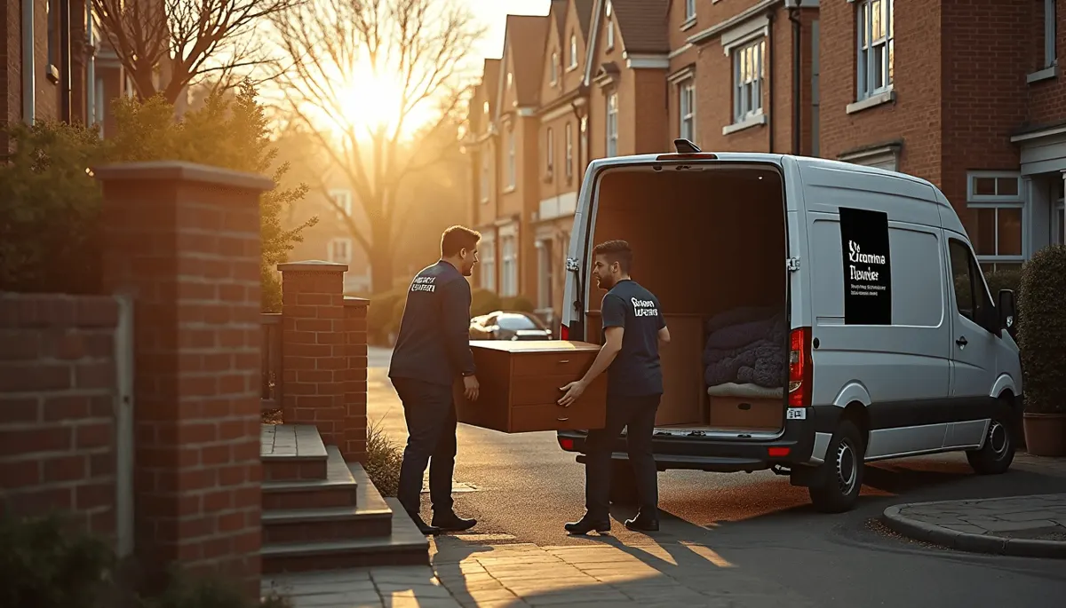 Removals team carries antique dresser into moving van at sunrise