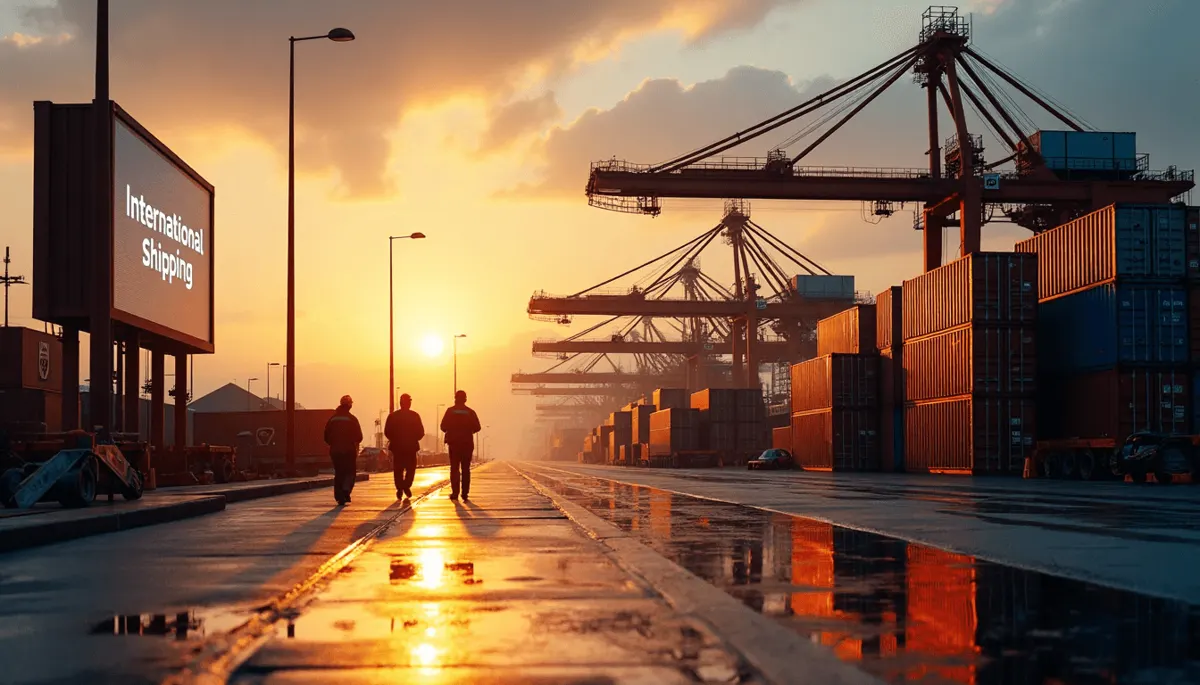 Shipping port at sunrise with 'International Shipping' banner