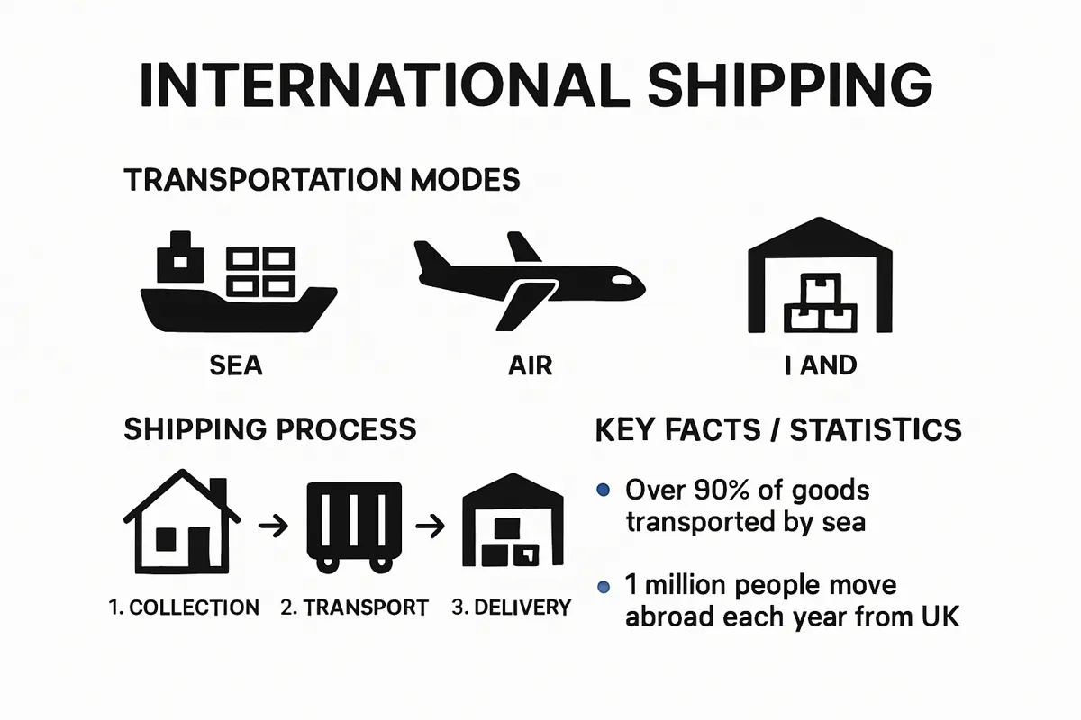 Visual overview of international shipping process and methods