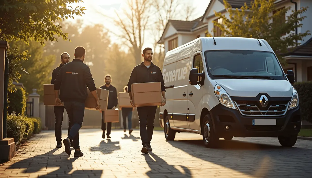 Removal team carries boxes from home to secure branded van