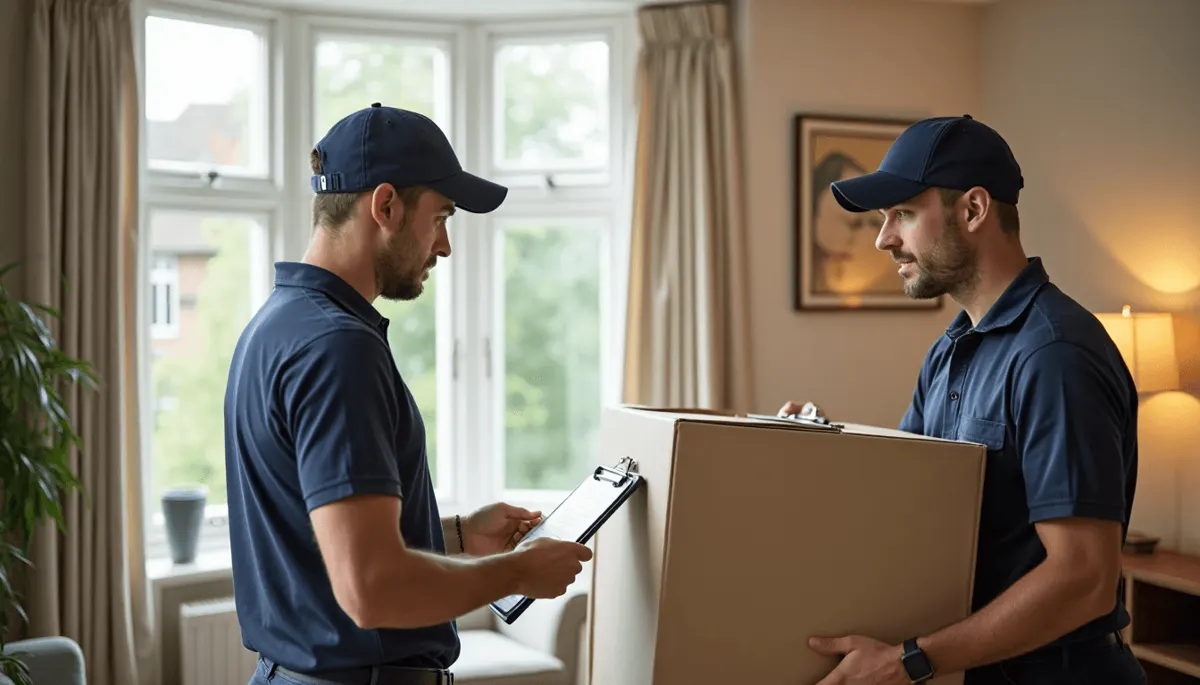 Team of movers assessing and preparing to lift a large wardrobe in a bright UK living room