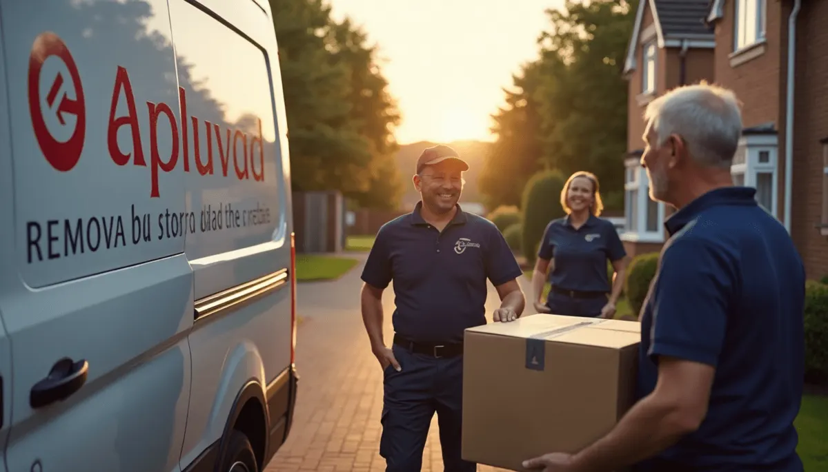 Removal team loading van as elderly couple watches