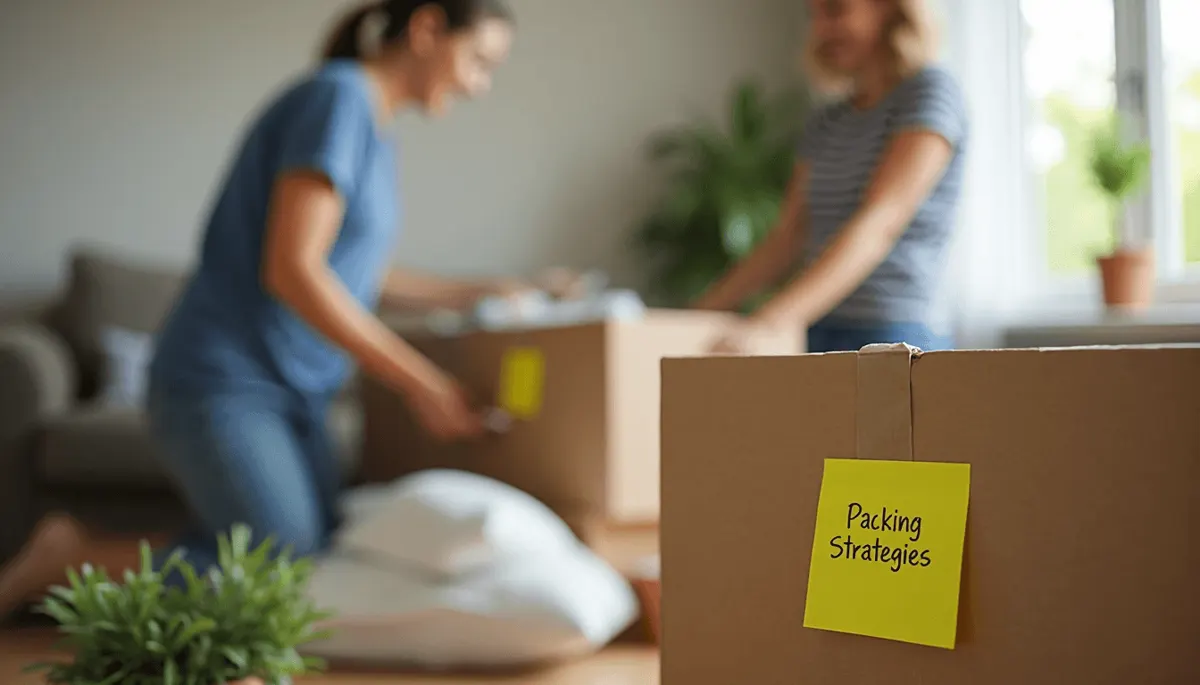 People labeling and packing moving boxes in sunlit living room