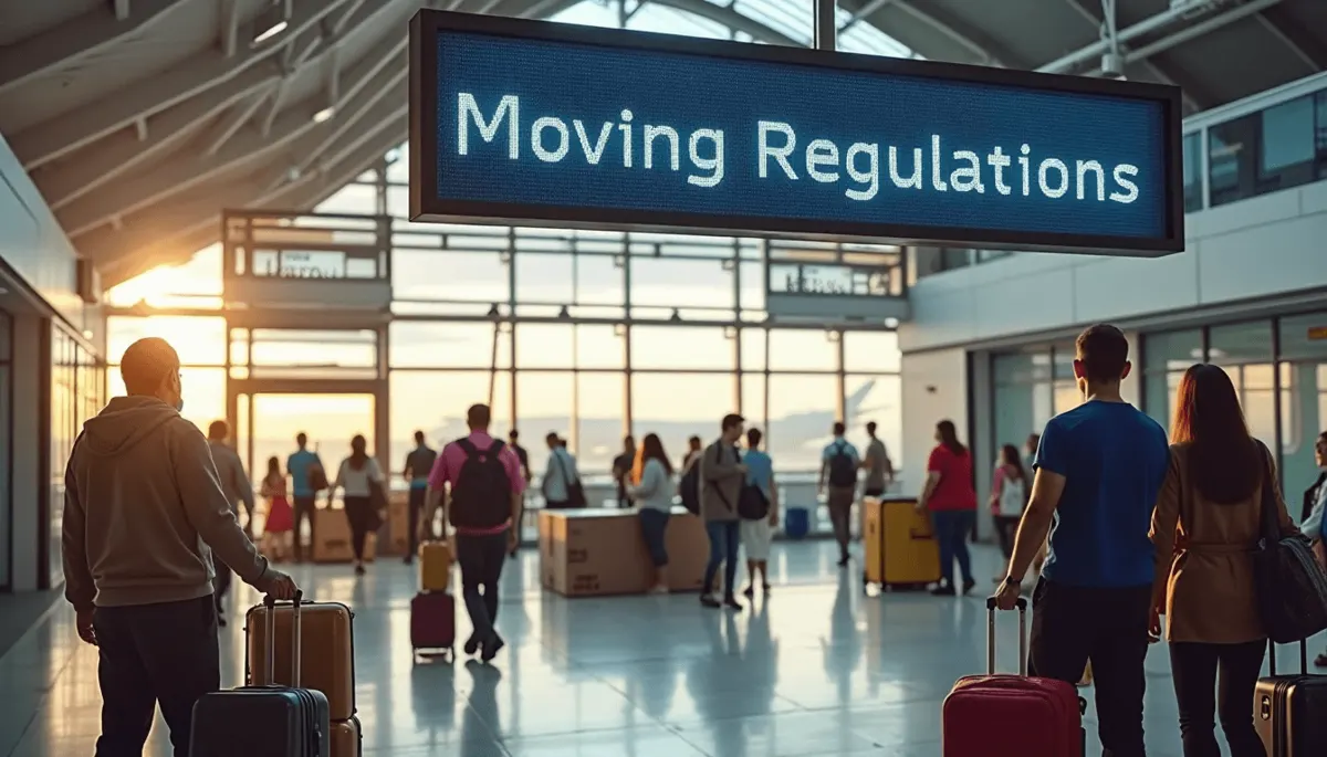 Travelers at UK airport arrivals with 'Moving Regulations' displayed