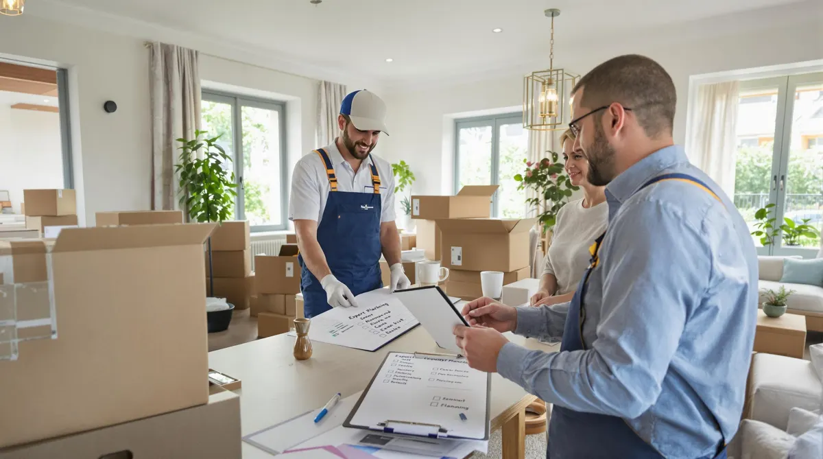 Adults and expert reviewing moving checklist during Durham relocation
