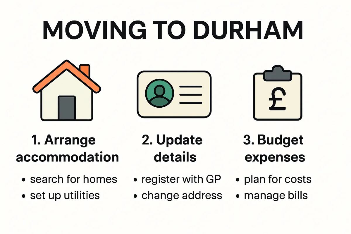 Infographic showing steps for moving to Durham in 2025