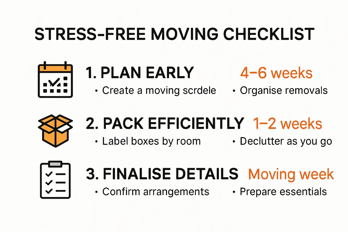 Stress-free moving checklist infographic with steps and timeline