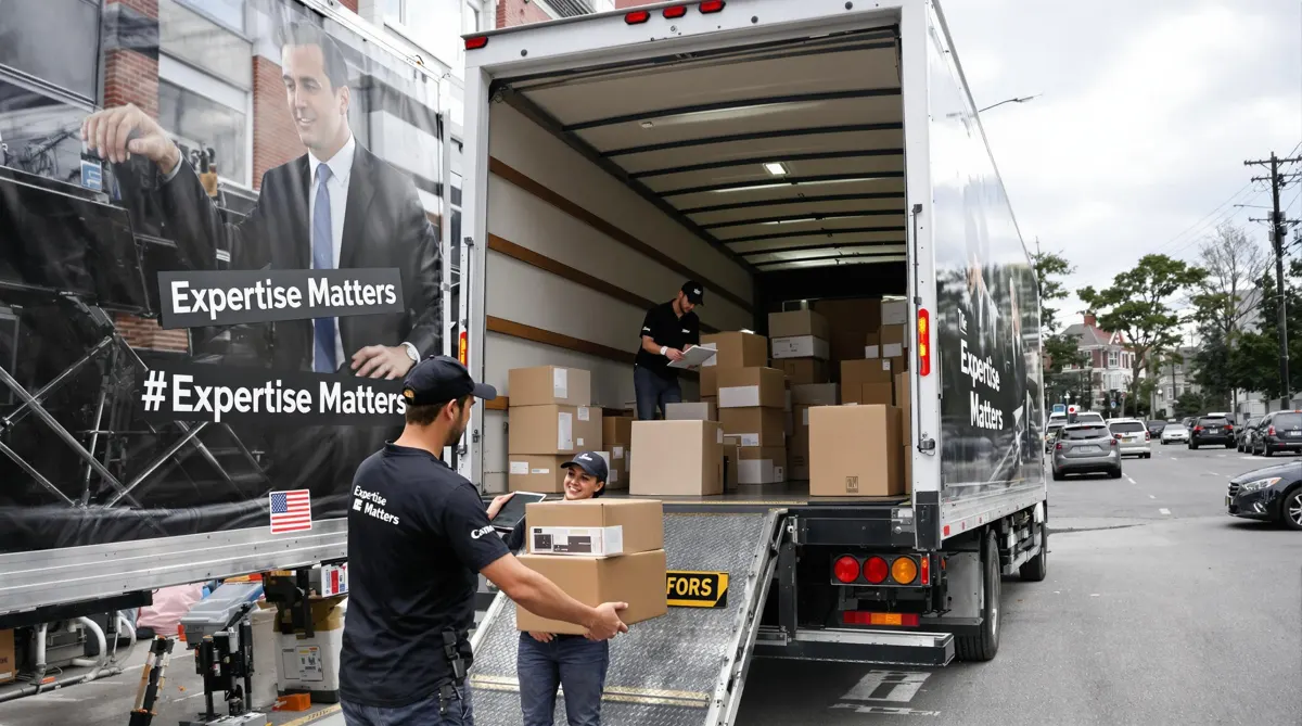 Moving team loading truck and reviewing logistics on tablet