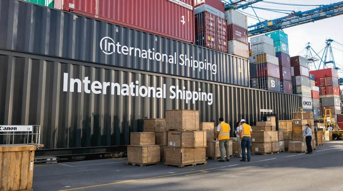Family and workers loading belongings at a shipping port preparing for international move