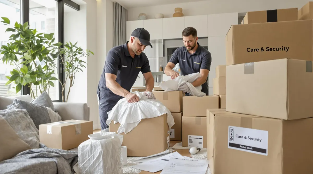 Professional movers packing boxes labeled Care & Security
