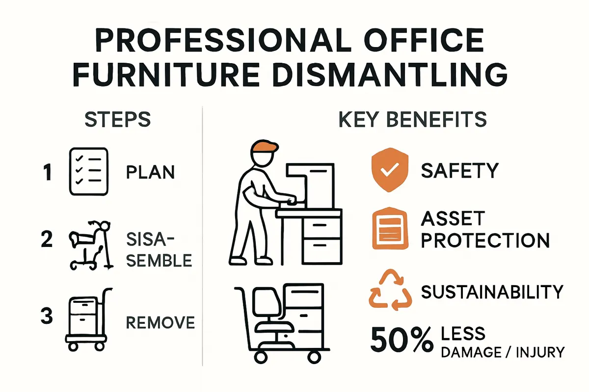 Infographic illustrating office furniture dismantling process and benefits.