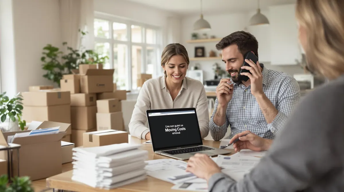 Couple reviewing moving quotes and calling movers in living room, moving costs visible on laptop screen.