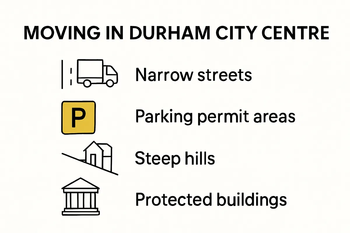 Infographic showing Durham’s moving day logistical challenges: narrow streets, permits, historic areas, steep hills.