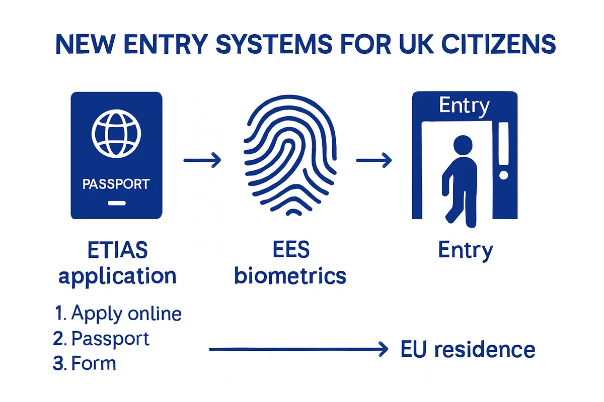 Infographic showing 2025 entry steps for UK citizens moving to Europe