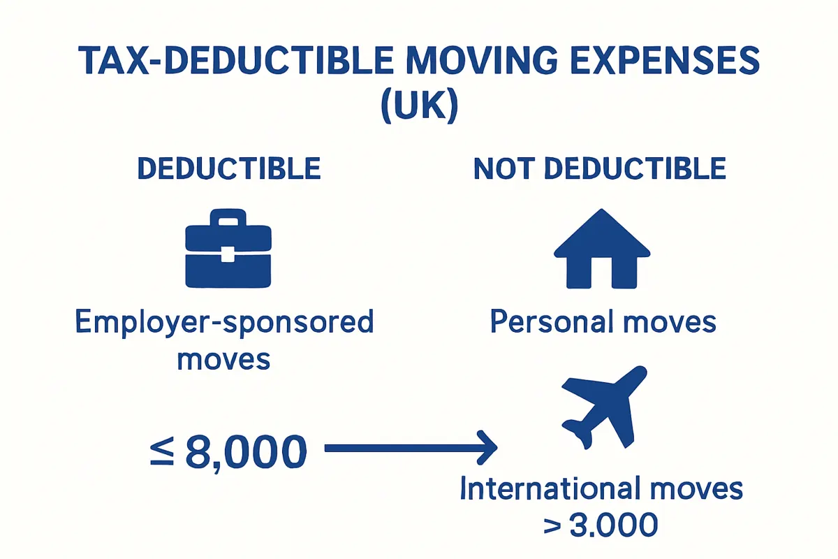 Infographic comparing deductible and non-deductible moving expenses in the UK 2025.