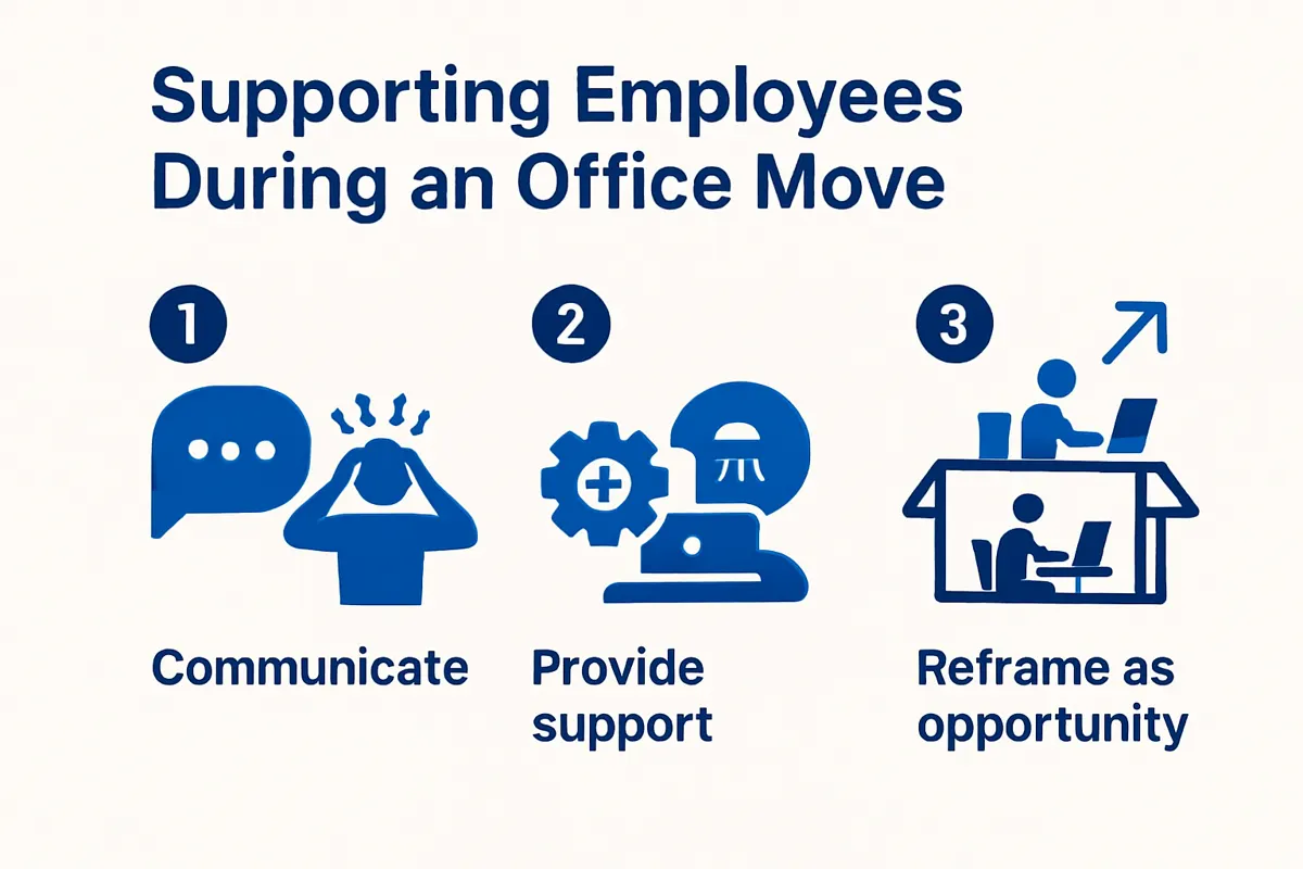 Infographic showing employee support steps during office relocation