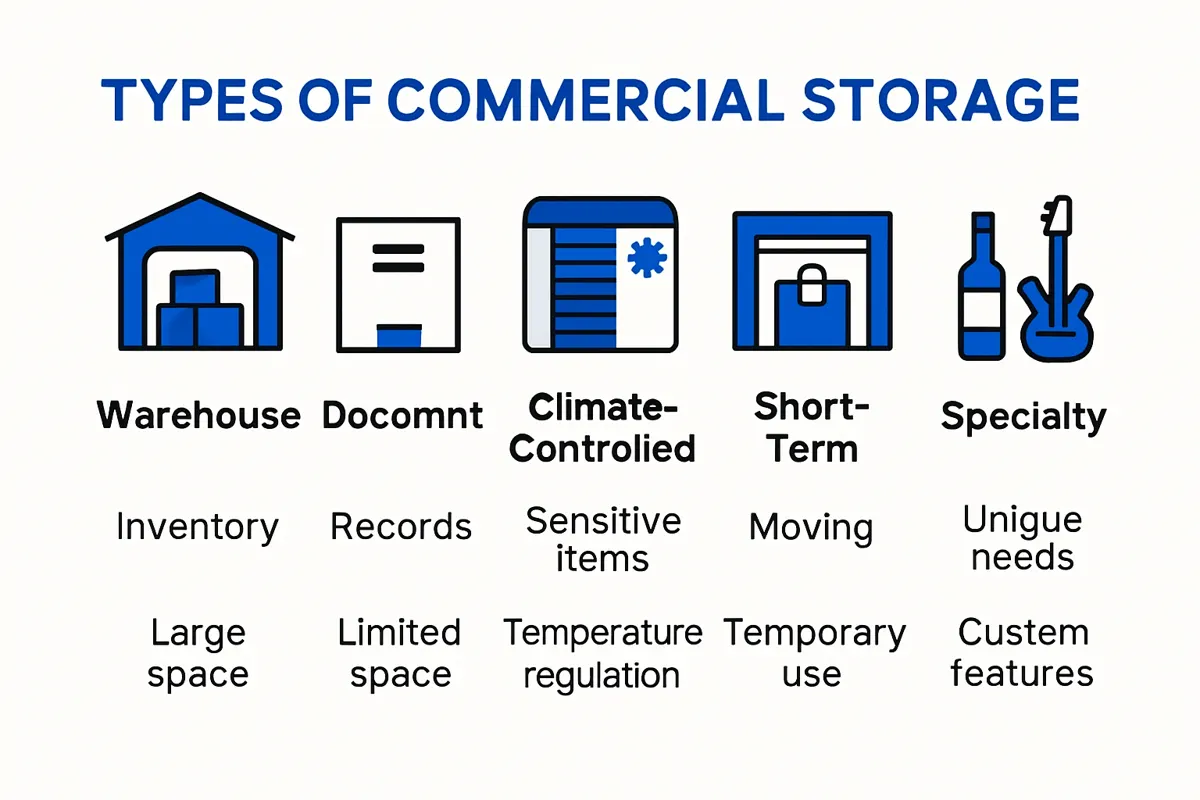 Infographic showing types of commercial storage and key features