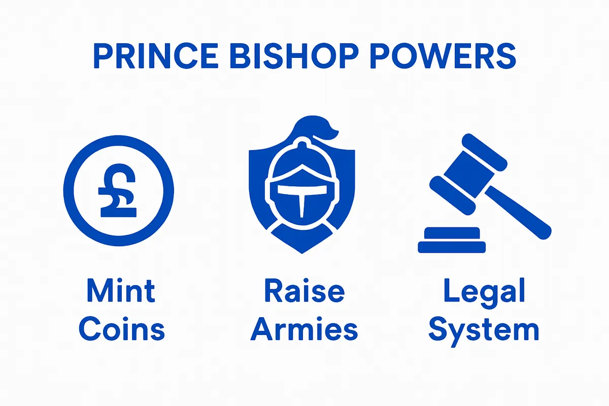 Three-icon infographic showing Prince Bishop powers: money, army, laws