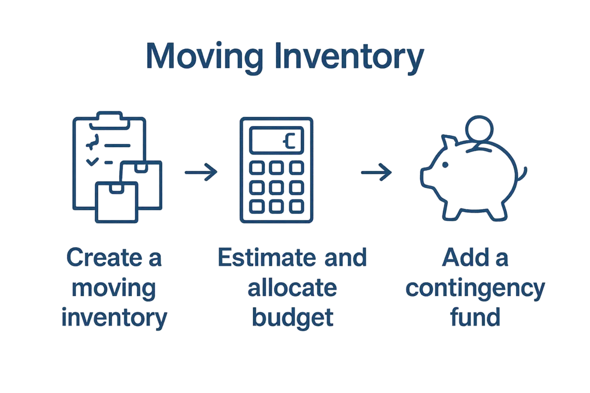 Infographic showing three basic steps for moving planning: inventory, budget, contingency fund.