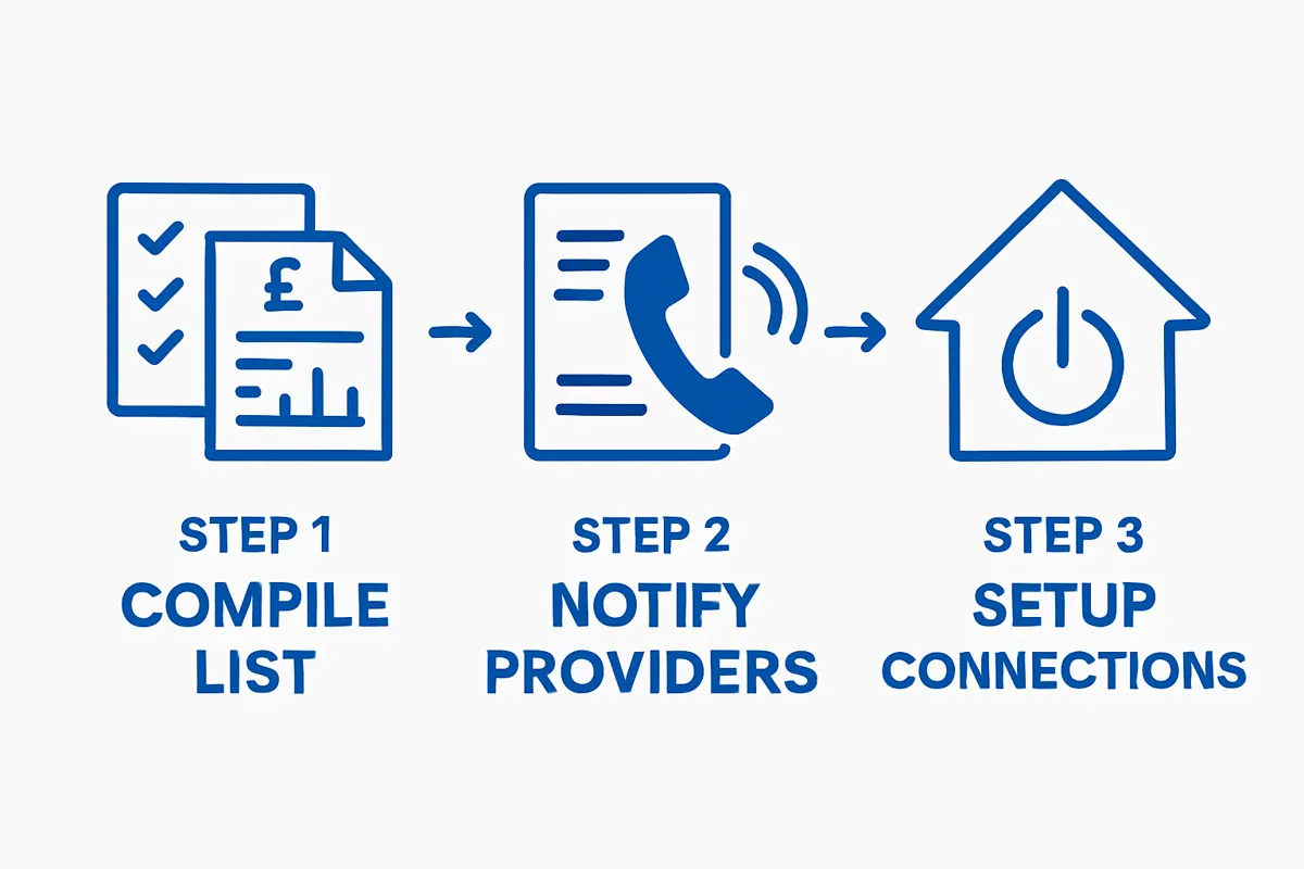 Three-step moving house utilities checklist workflow infographic