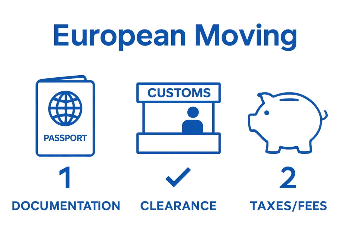 Icons of a passport, customs gate, and piggy bank illustrate key European moving requirements