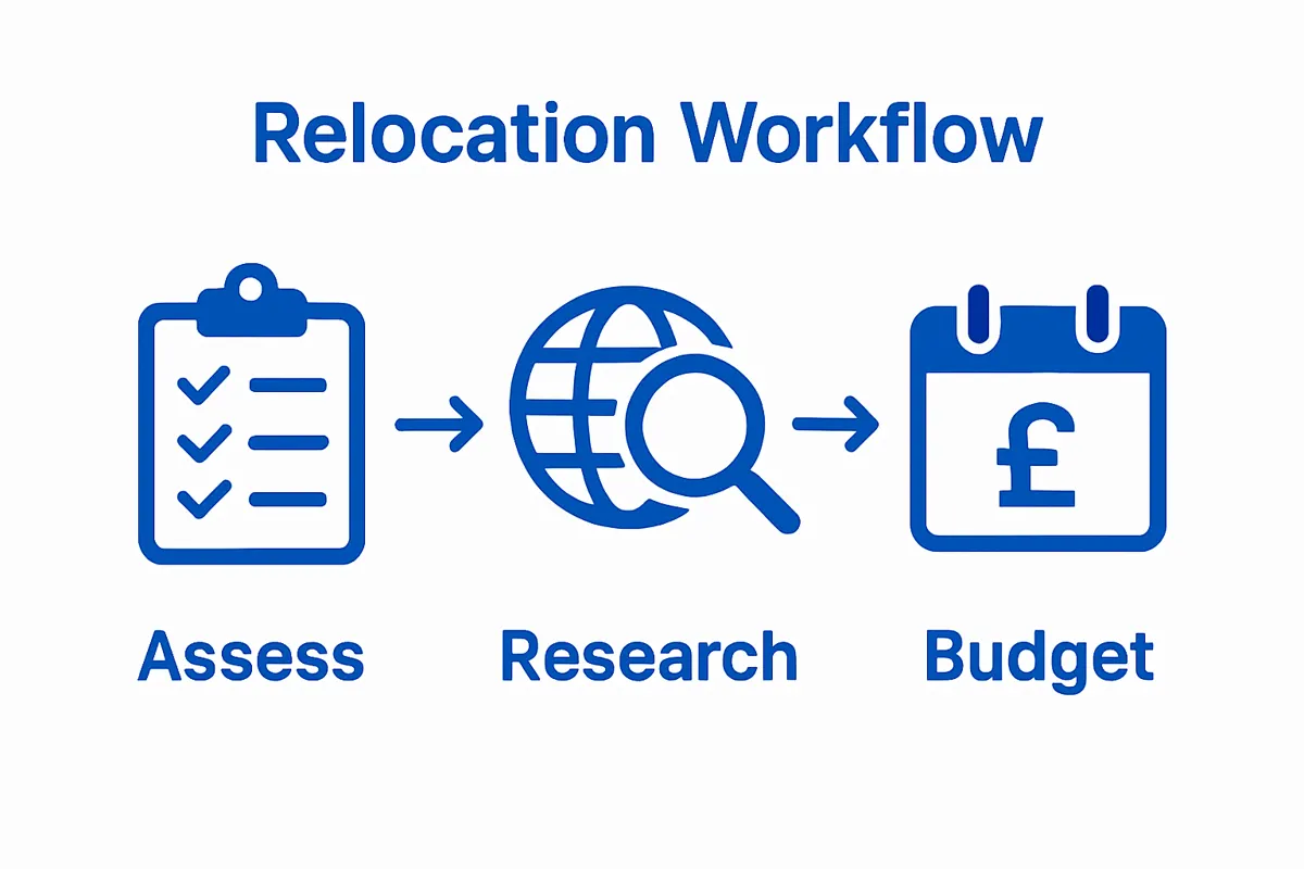 Three step workflow icons showing assess, research, budget.