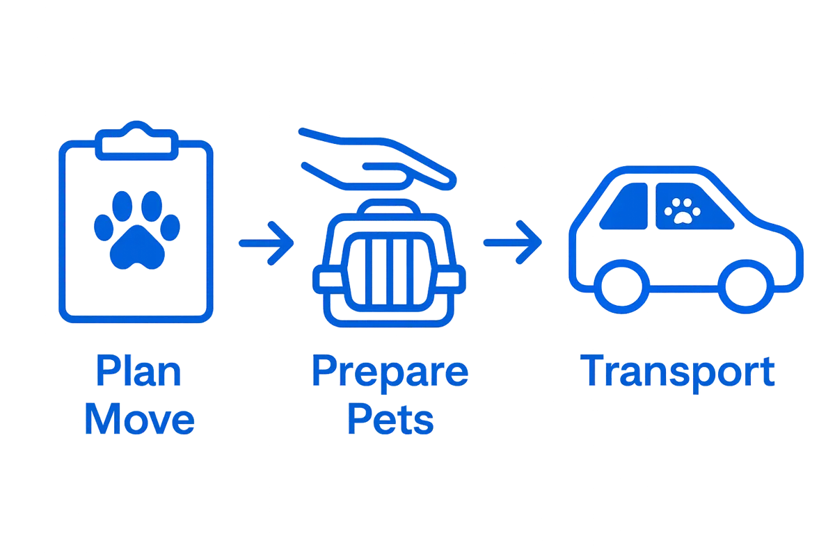 Infographic: planning move, preparing pets, pet-friendly transport sequence