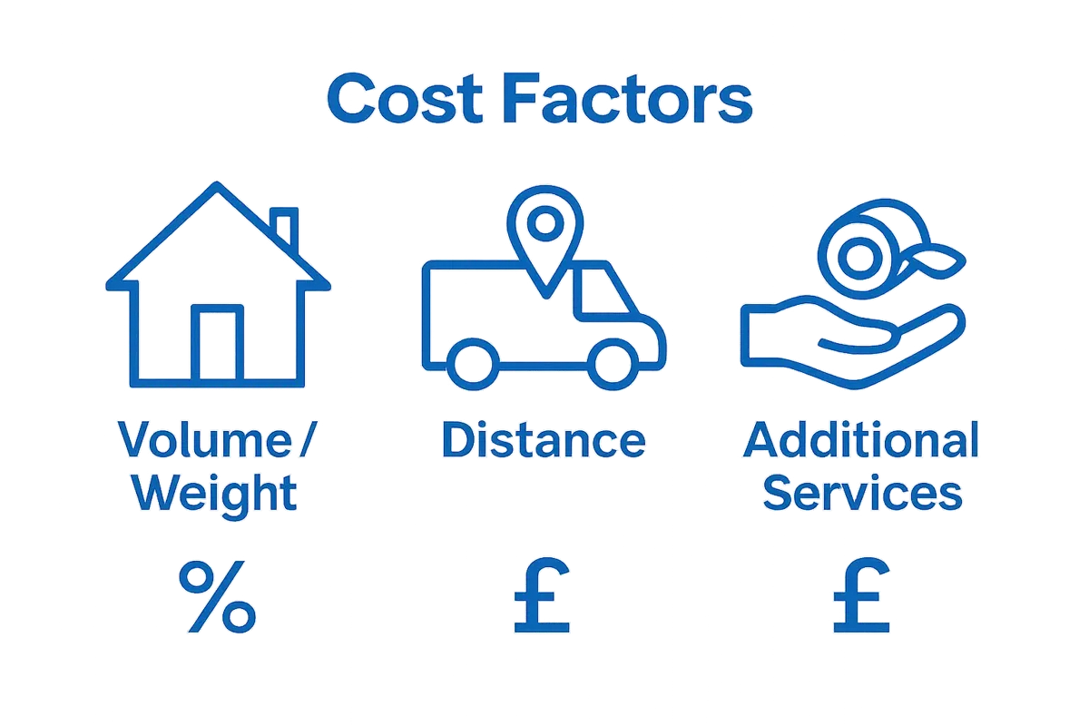 Three main cost factors for removals visualized: house, van, services icons