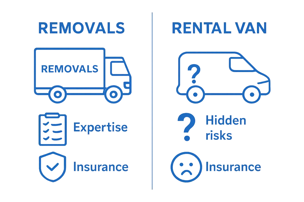 Comparison between professional removals and DIY van hire in three visual icons