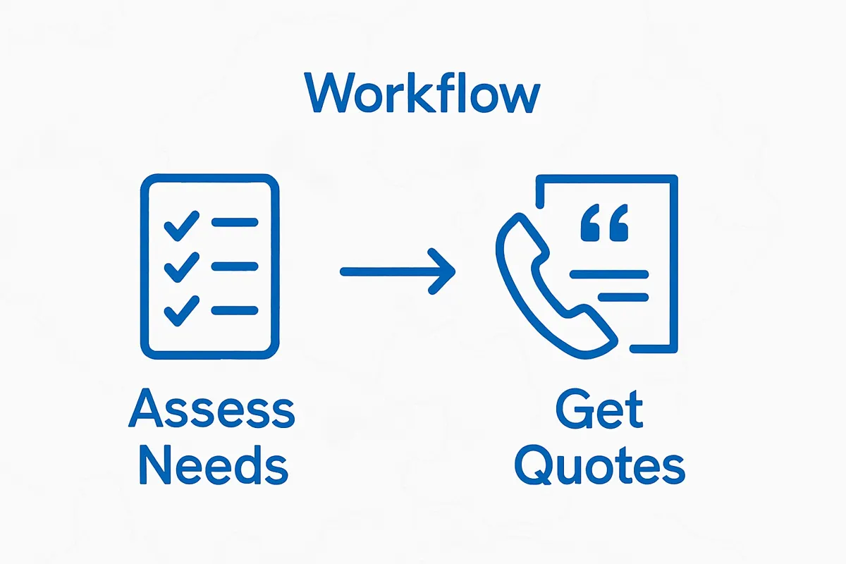Simple two-step moving company selection visual: checklist and quote icons with arrows.