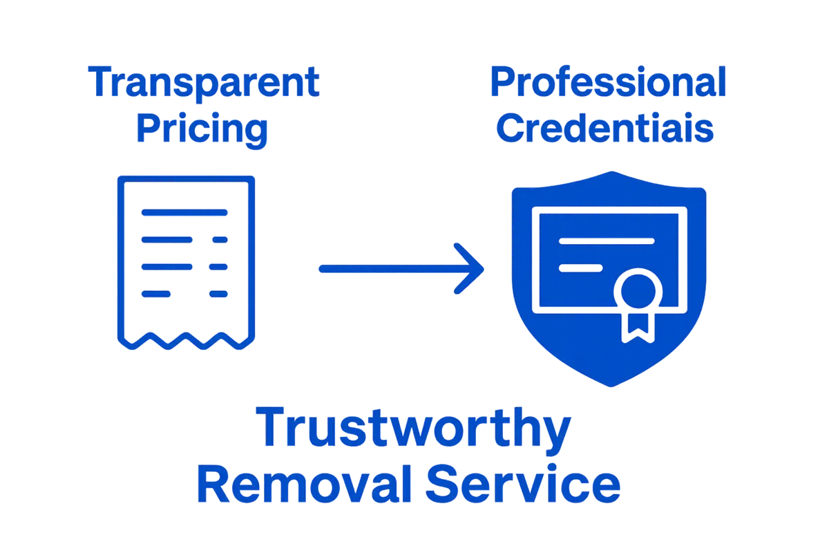 Infographic comparing transparent pricing and professional credentials as key features of trustworthy removal services
