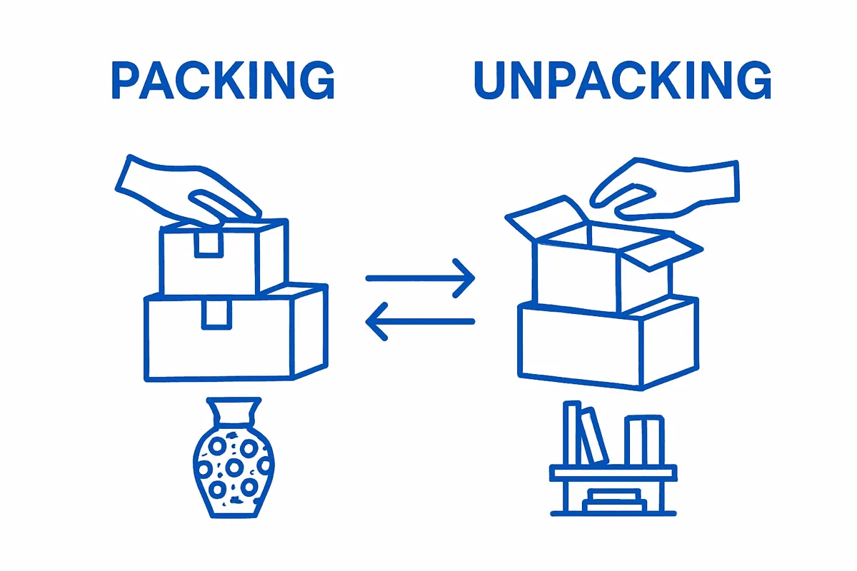 Infographic contrasting packing and unpacking processes side by side