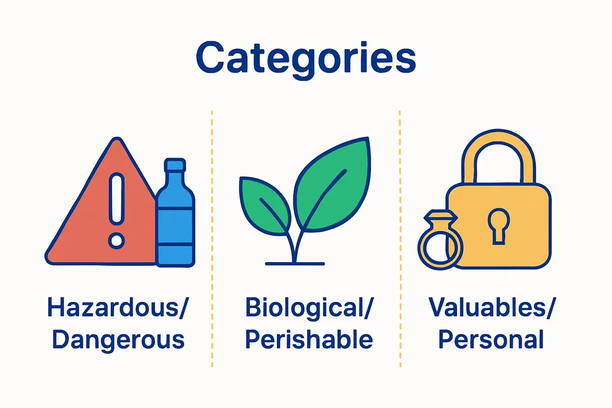 Infographic showing hazardous, biological, and valuable item categories movers don’t accept