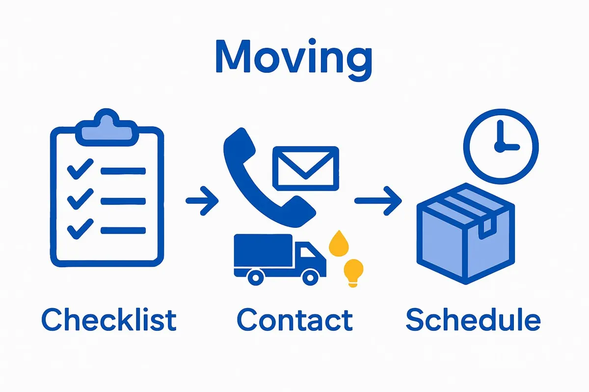 Infographic of moving checklist, communications, and timely packing sequence