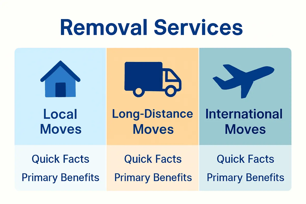 Infographic comparing types of UK removal services: local, long-distance, international.
