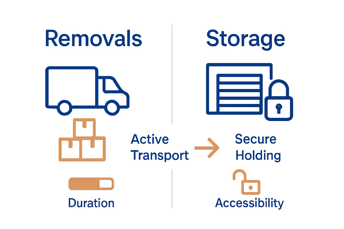 Infographic showing the key differences between removals and storage services with icons for moving and storage.