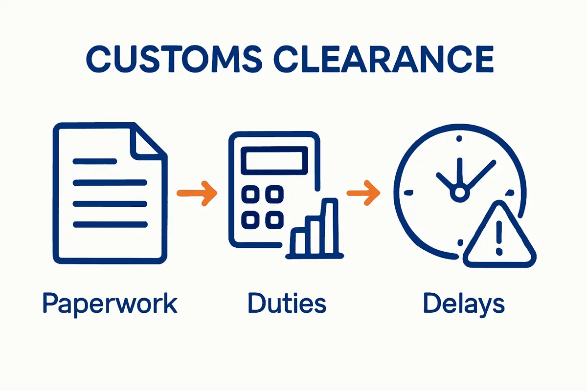 Infographic showing documents, cost calculations, and delay risks for customs clearance.