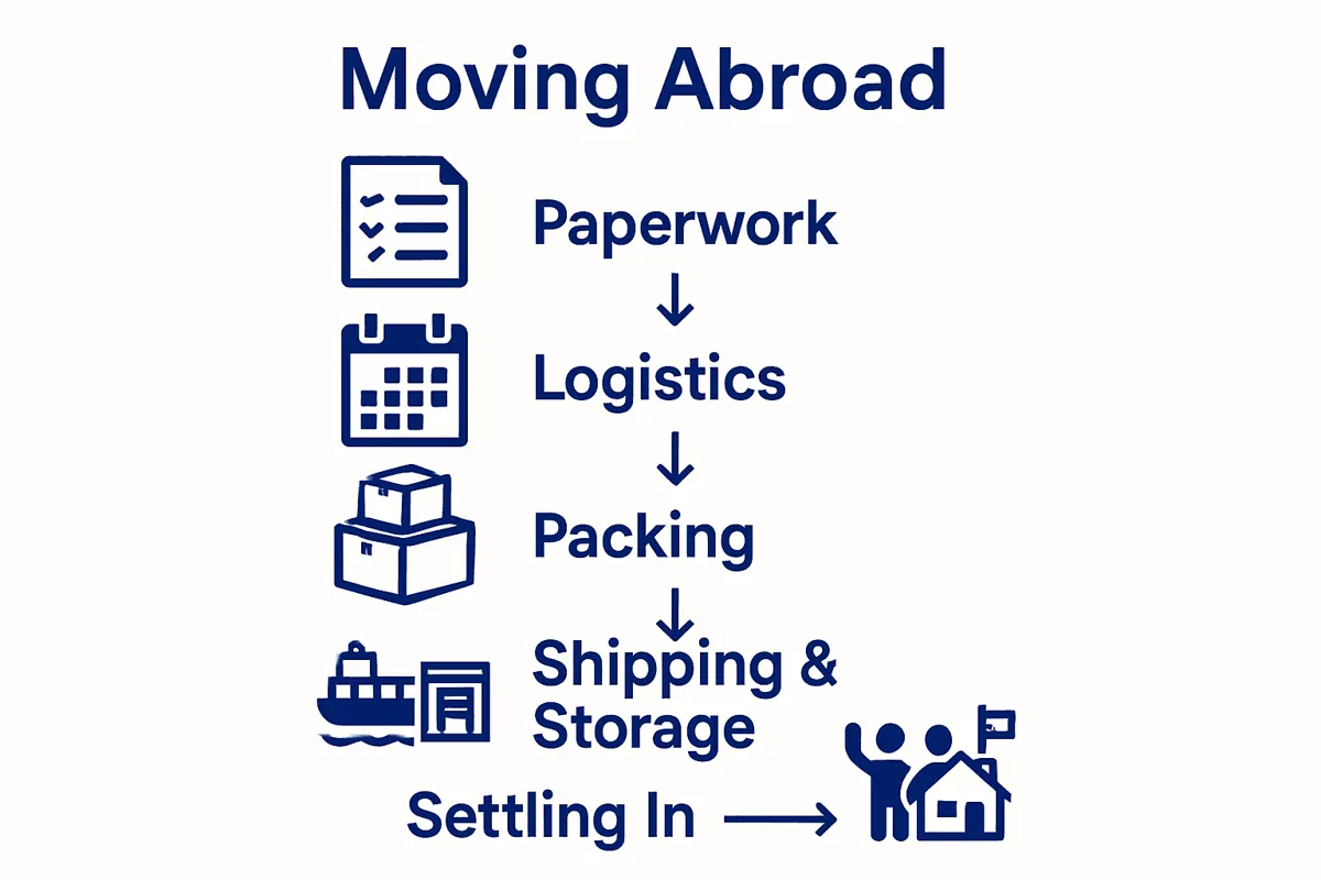 Infographic with five main steps for moving overseas, from planning to settling in.