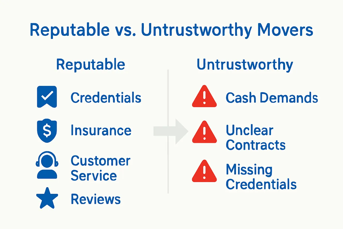 Infographic comparing reputable and untrustworthy moving companies.