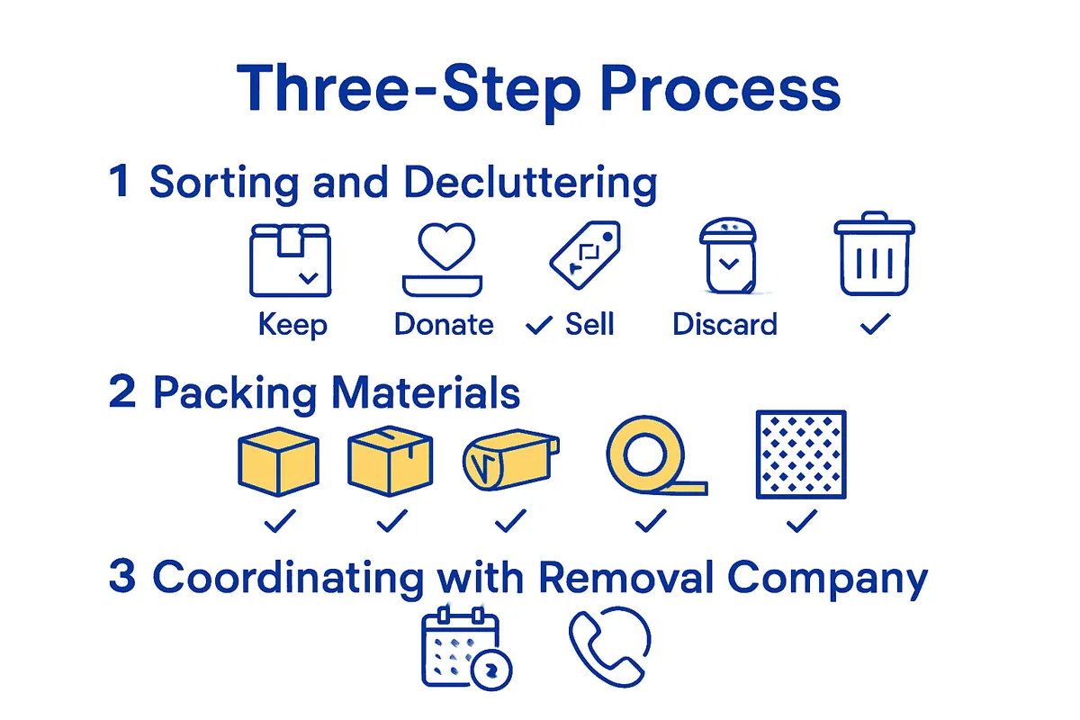 Infographic on stress-free UK moving process with decluttering, packing, and coordination steps