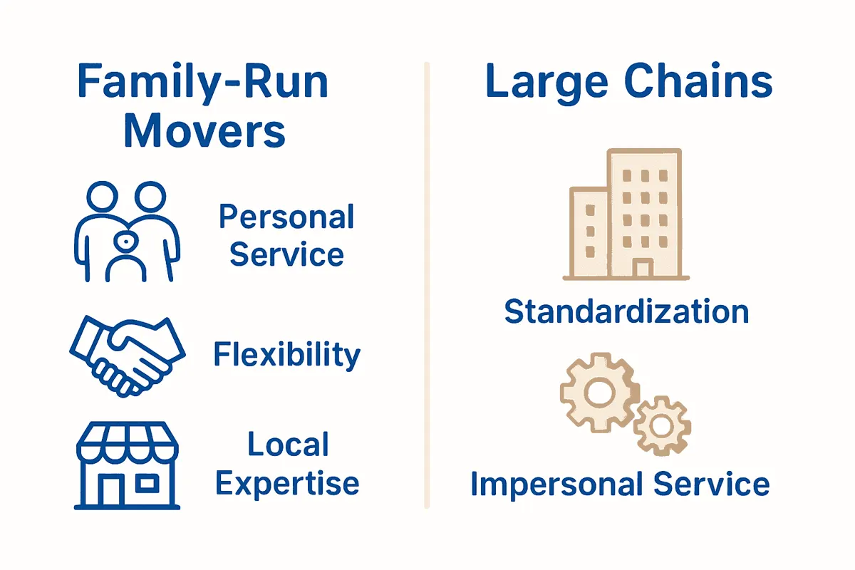 Infographic comparing family-run moving companies and large chains using icons.