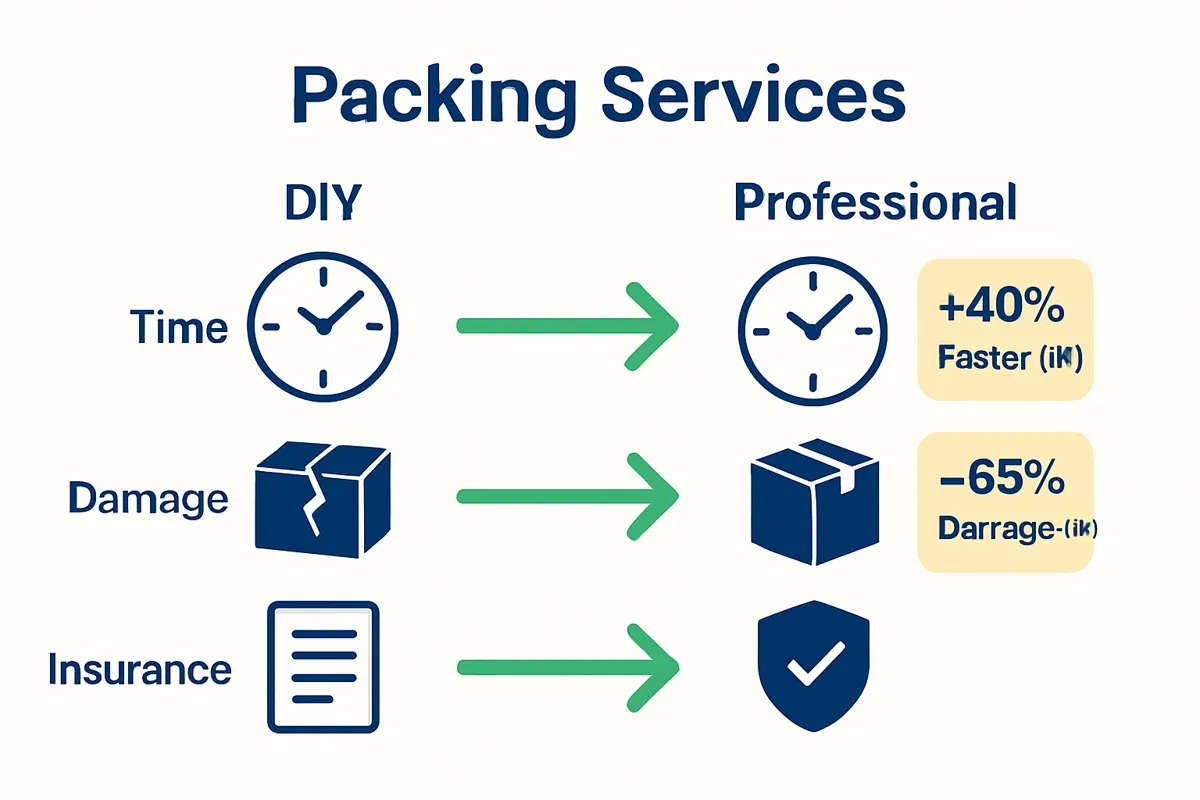 Infographic comparing DIY and professional packing in terms of time, damage risk, and insurance.