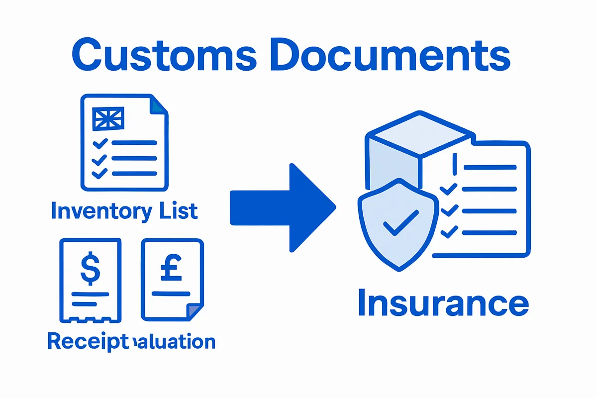 Infographic showing customs documents and insurance steps
