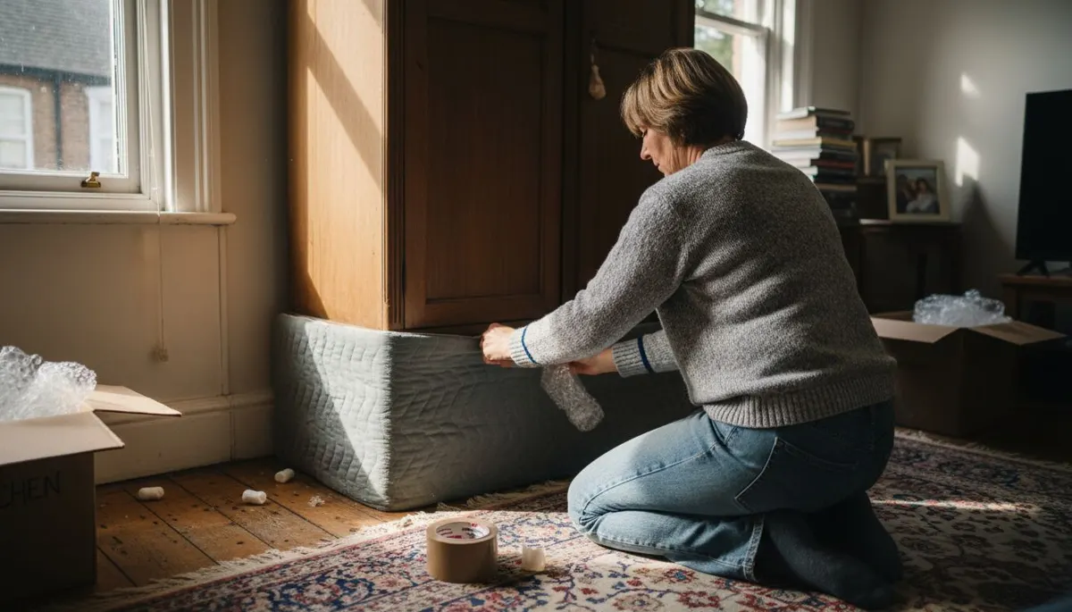 Packing wardrobe with blankets and tape