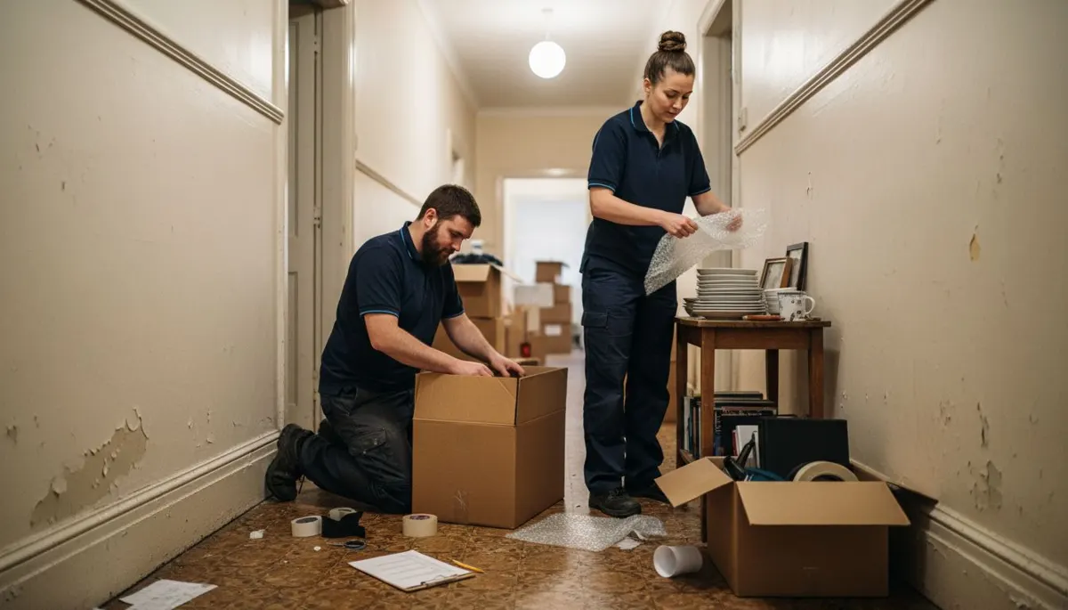 Movers packing household goods in hallway