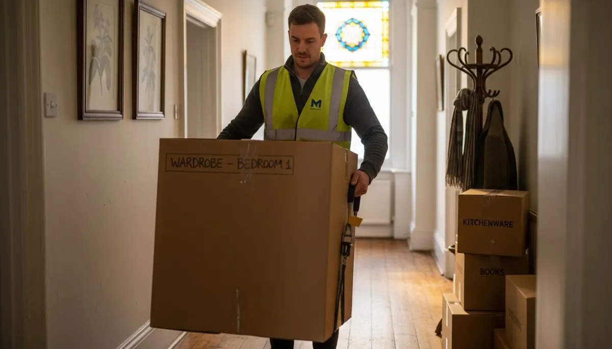 Mover using lifting strap in London flat